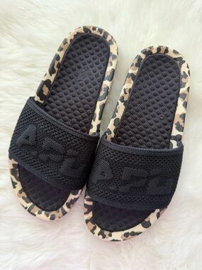 New! APL Black Slide Sandals with Leopard Accent